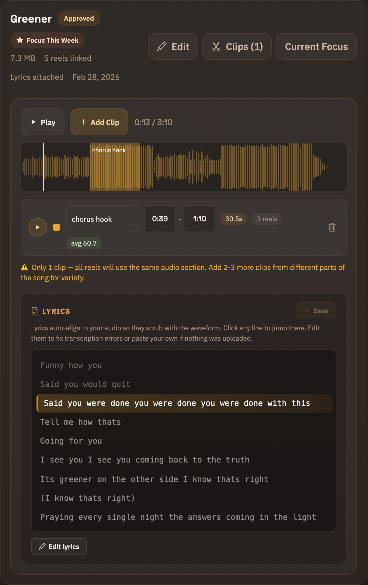 Clip your song on the waveform